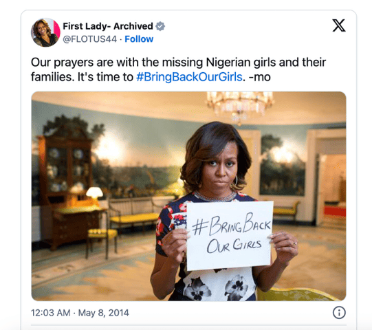 הציוץ של מישל אובמה למען השבת החטופות בניגריה (צילום: טוויטר, צילום מסך)